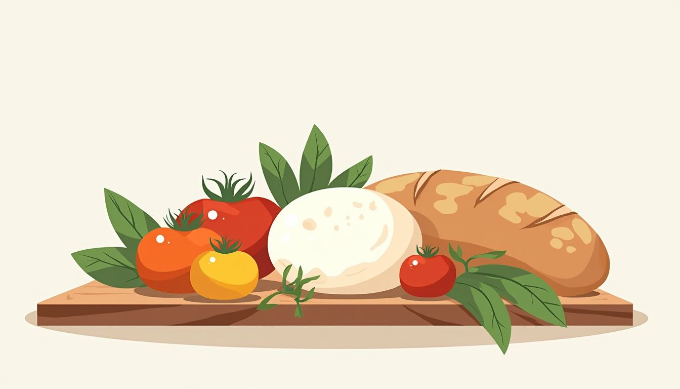Illustratie van burrata met tomaten en brood op een houten tafel.