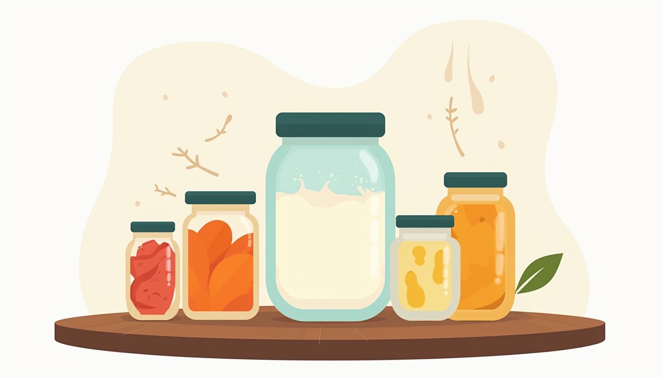 Een minimalistische illustratie van glazen potten met zuivel en gefermenteerd voedsel. Een minimalistische illustratie van glazen potten met zuivel en gefermenteerd voedsel.