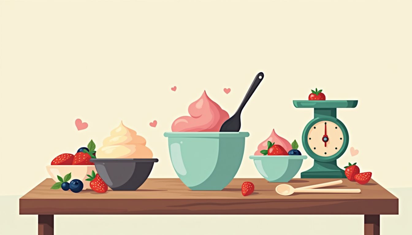 Minimalistische illustratie van een rustieke tafel met een ijsmachine.