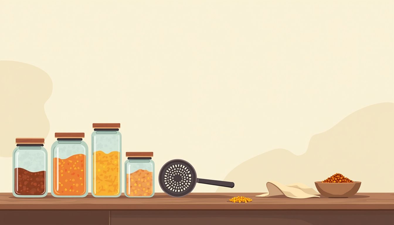 Minimalistische illustratie van een rustieke keuken met kleurrijke granen.