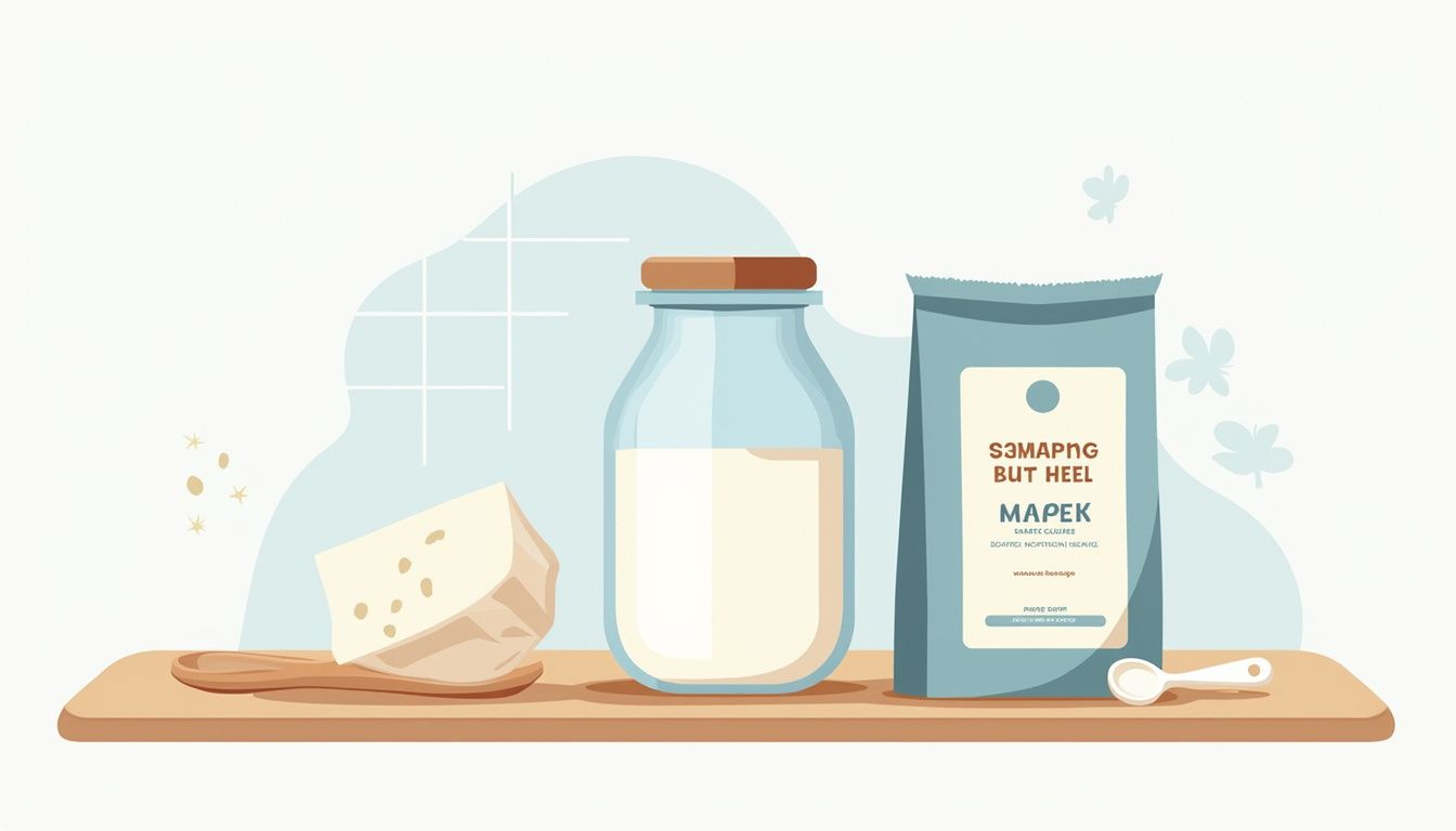 Minimalistische illustratie van een houten aanrecht met melk en ingrediënten.