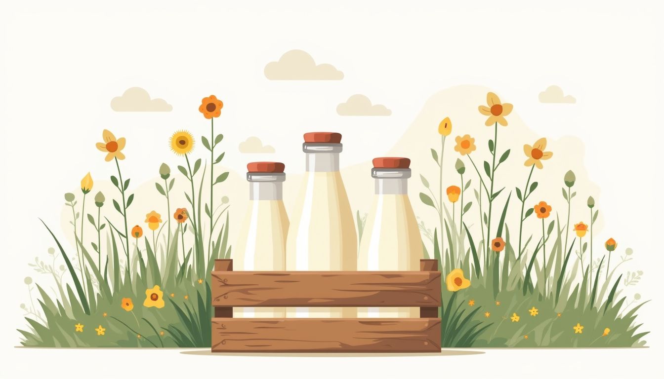 Minimalistische illustratie van een houten krat met melkflessen en bloemen.