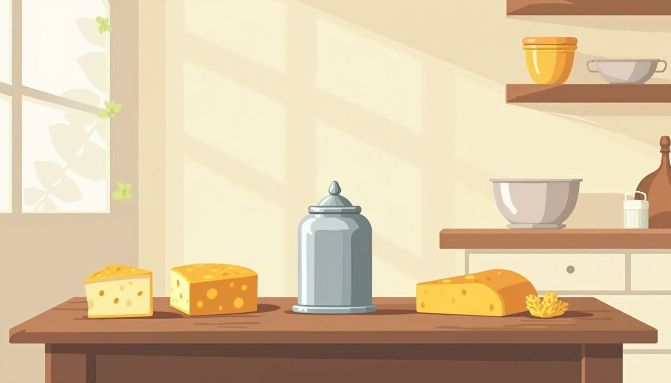 Minimalistische illustratie van een rustieke boerderijkeuken met zuivelproducten. Minimalistische illustratie van een rustieke boerderijkeuken met zuivelproducten.