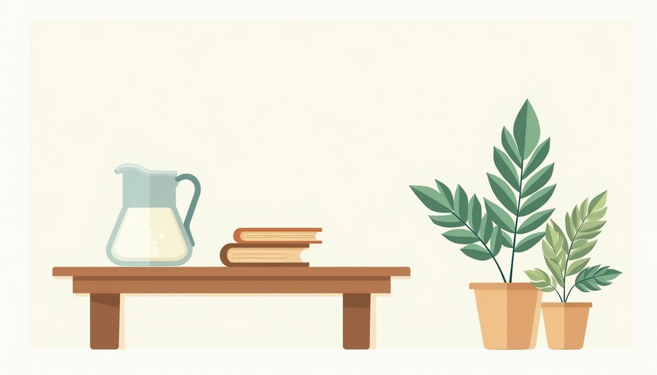 Minimalistische vectorillustratie van een rustieke tafel met planten en boeken.