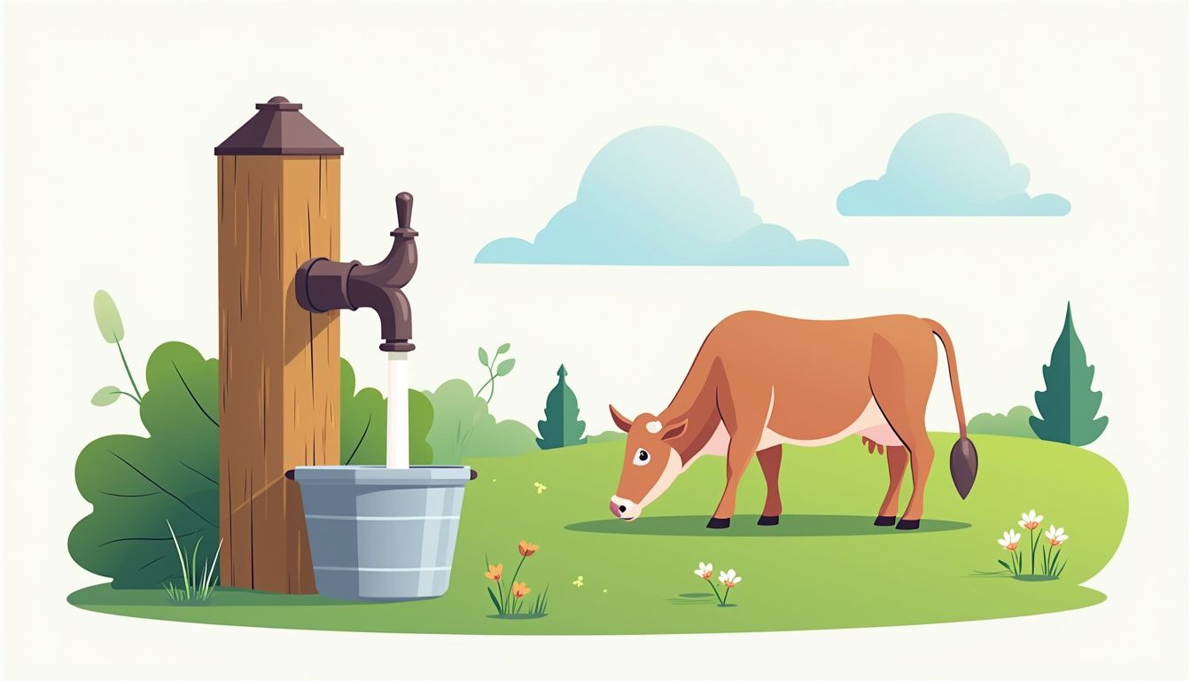 Een rustieke melktap met een grazende koe op een groene weide.