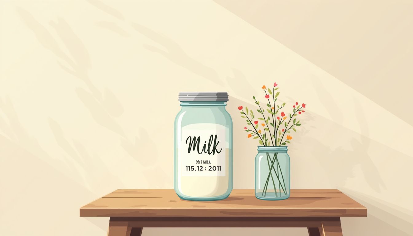 Vectorillustratie van een melkjar met bloemen op een houten tafel.