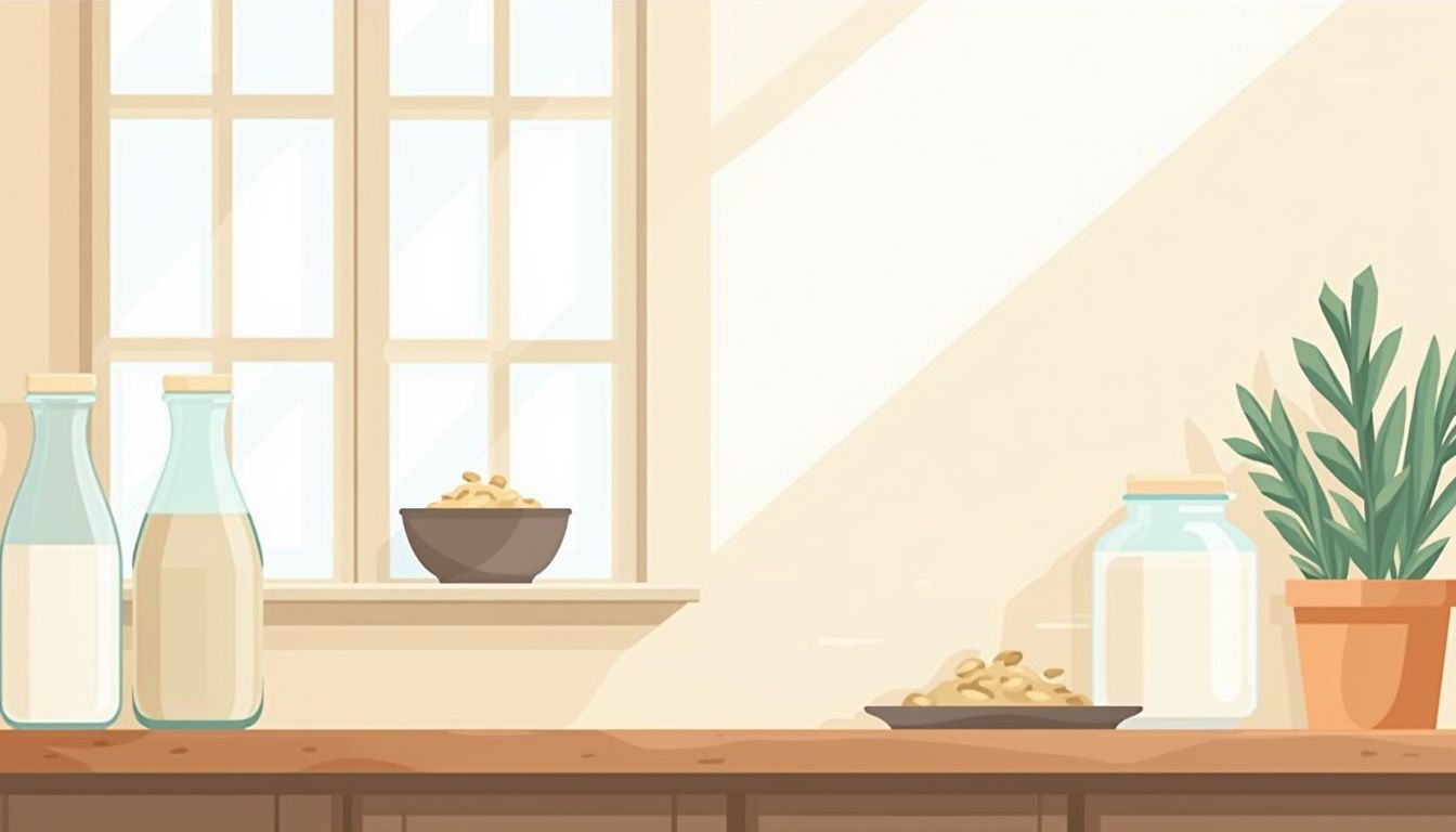 Minimalistische illustratie van een gezellige boerenkeukenhoek met kefir.