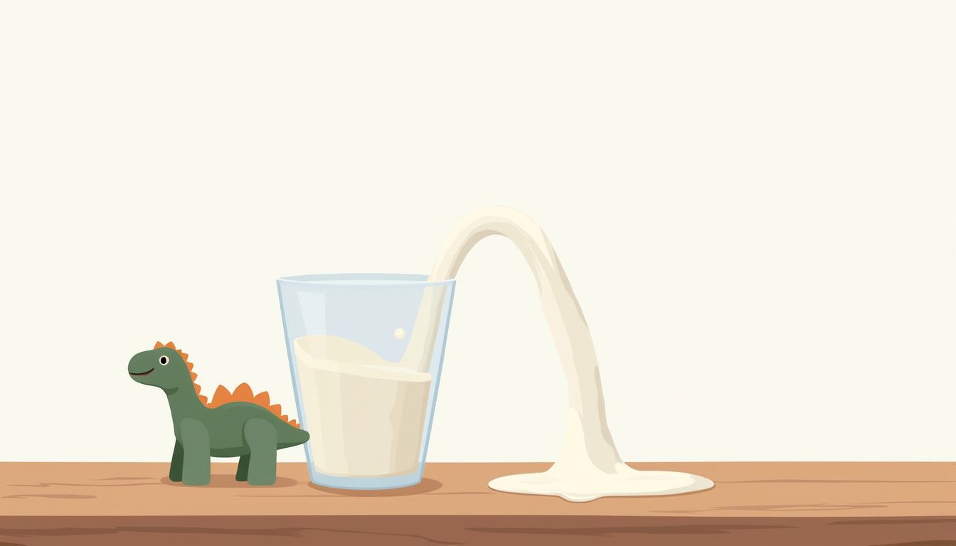 Minimalistische illustratie van gemorste melk op een houten tafel. Minimalistische illustratie van gemorste melk op een houten tafel.