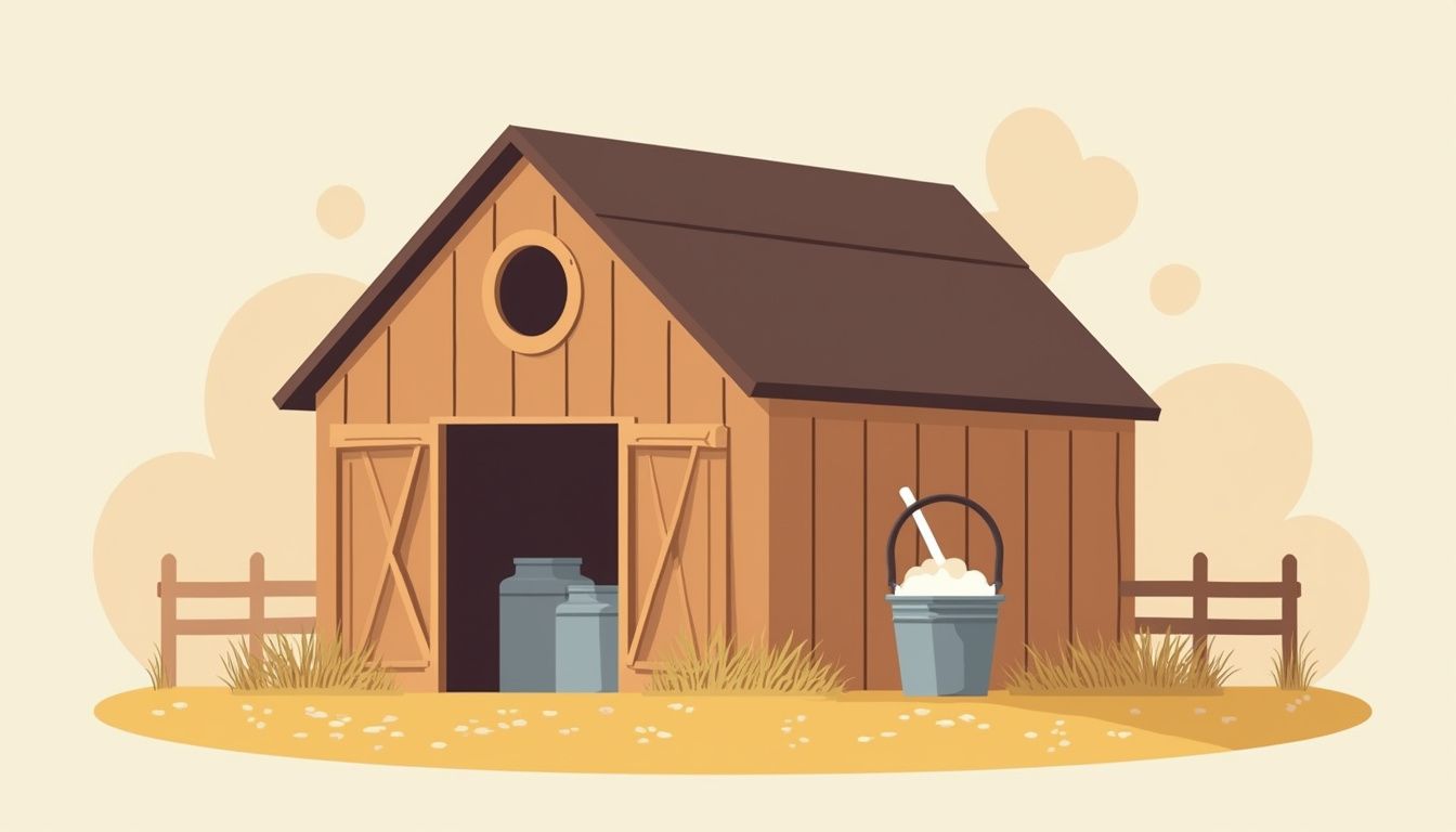 Vlakke illustratie van een traditionele melkboerderij met geometrische vormen. Vlakke illustratie van een traditionele melkboerderij met geometrische vormen.