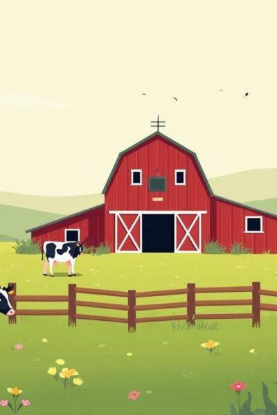 Minimalistische illustratie van een rustieke Nederlandse boerderij met grazende koeien.