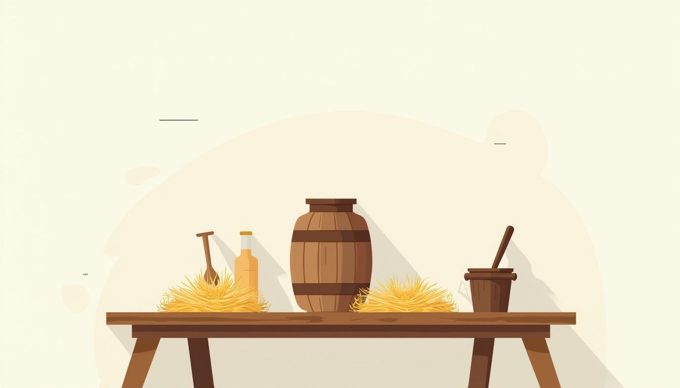 Minimalistische vectorillustratie van een melkbus op een houten tafel.