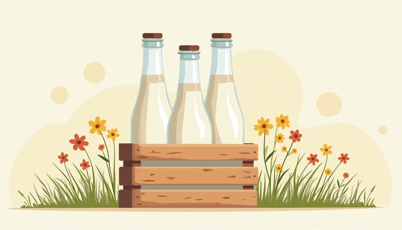 Minimalistische illustratie van een houten krat met glazen melkflessen.