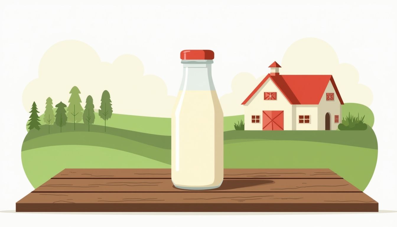 Minimalistische vectorillustratie van een boerderij met melk en geometrische vormen.