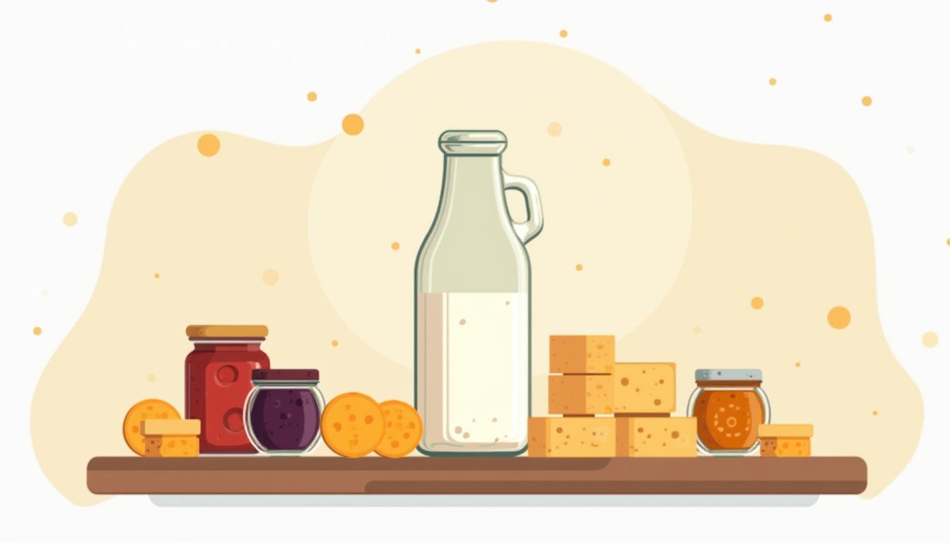 Minimalistische illustratie van een melkfles en kaaswielen op een plank.