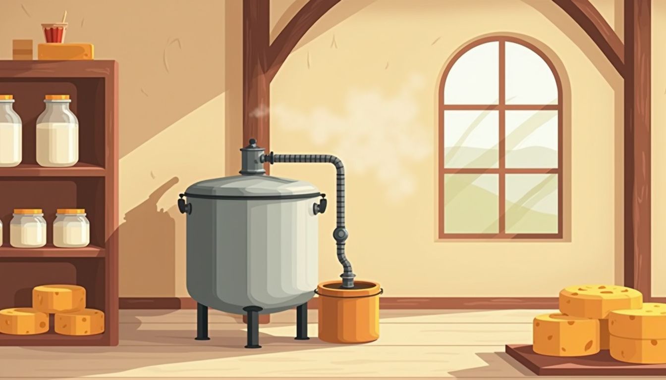 Vectorillustratie van een rustieke boerderij met vintage pasteurisatie machine.