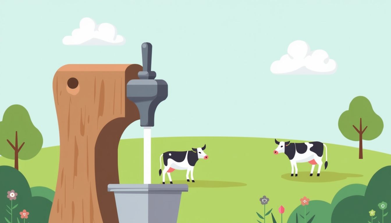 Minimalistische vectorillustratie van een melk tapmachine met grazende koeien.