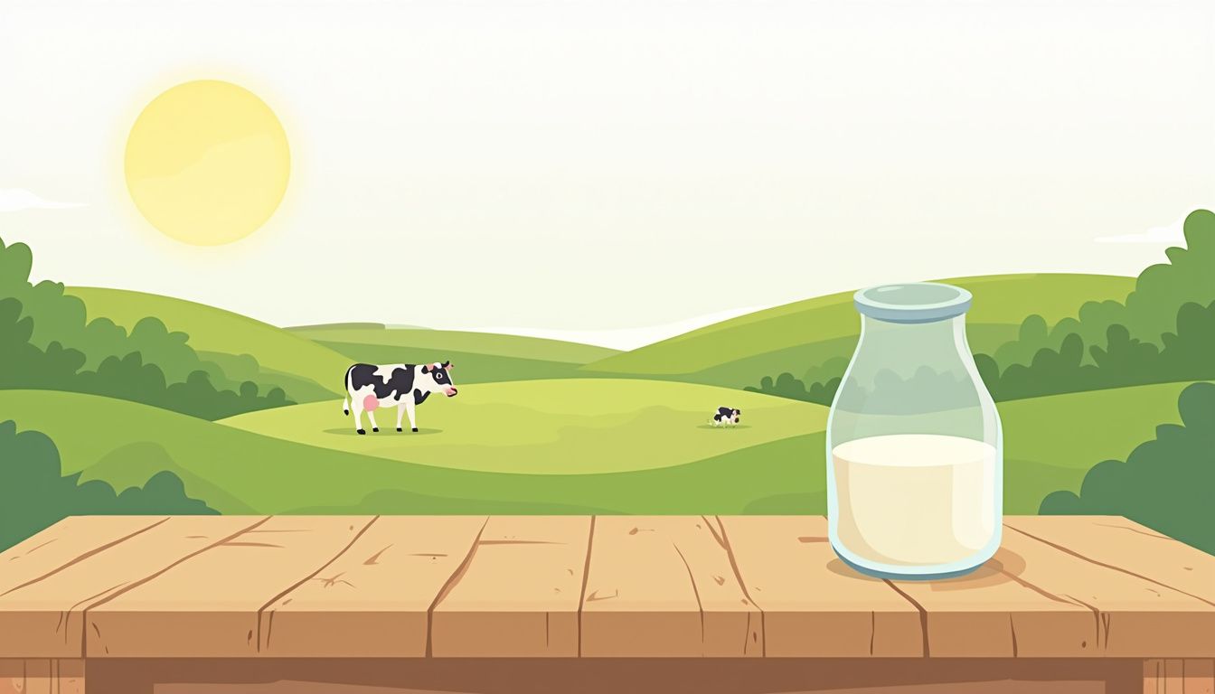 Eenvoudige boerderijtafel met melkfles en grazende koeien op achtergrond. Eenvoudige boerderijtafel met melkfles en grazende koeien op achtergrond.