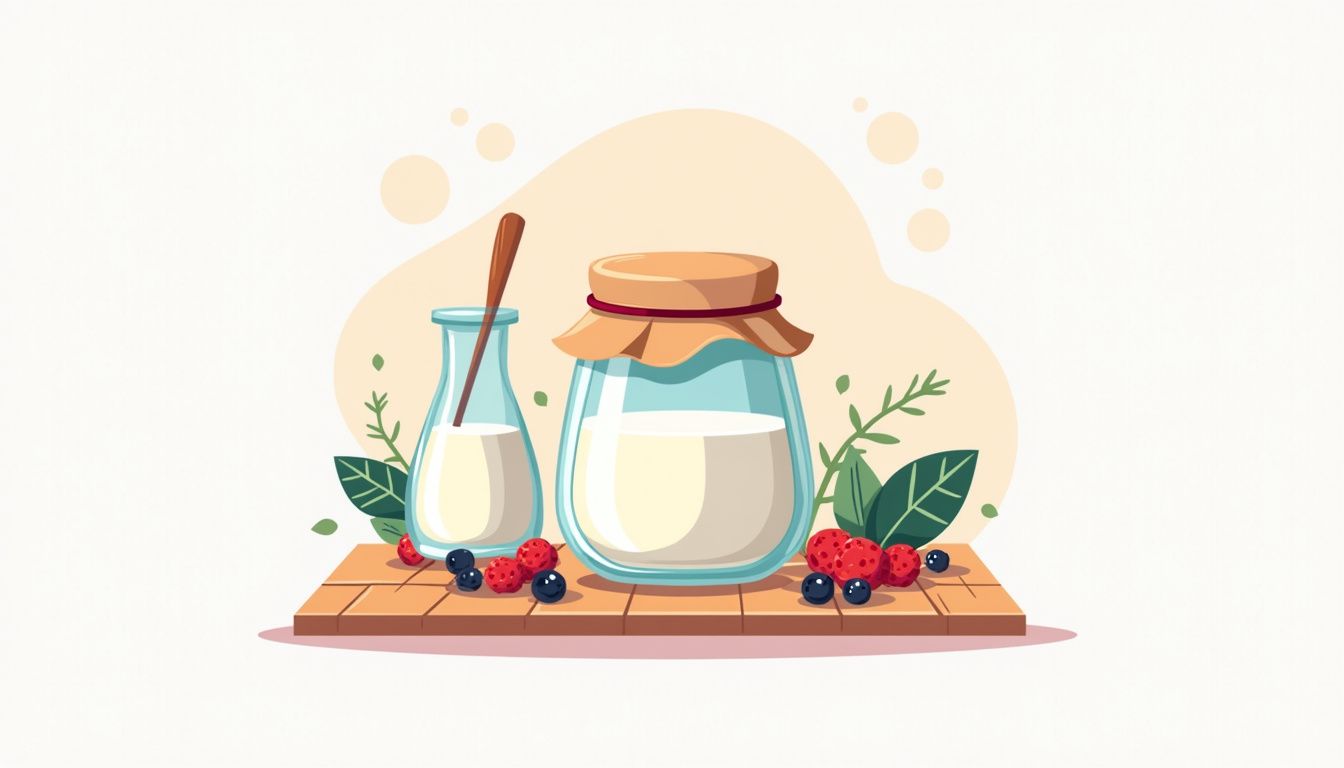 Flat design van een pot yoghurt met bessen en een houten lepel.