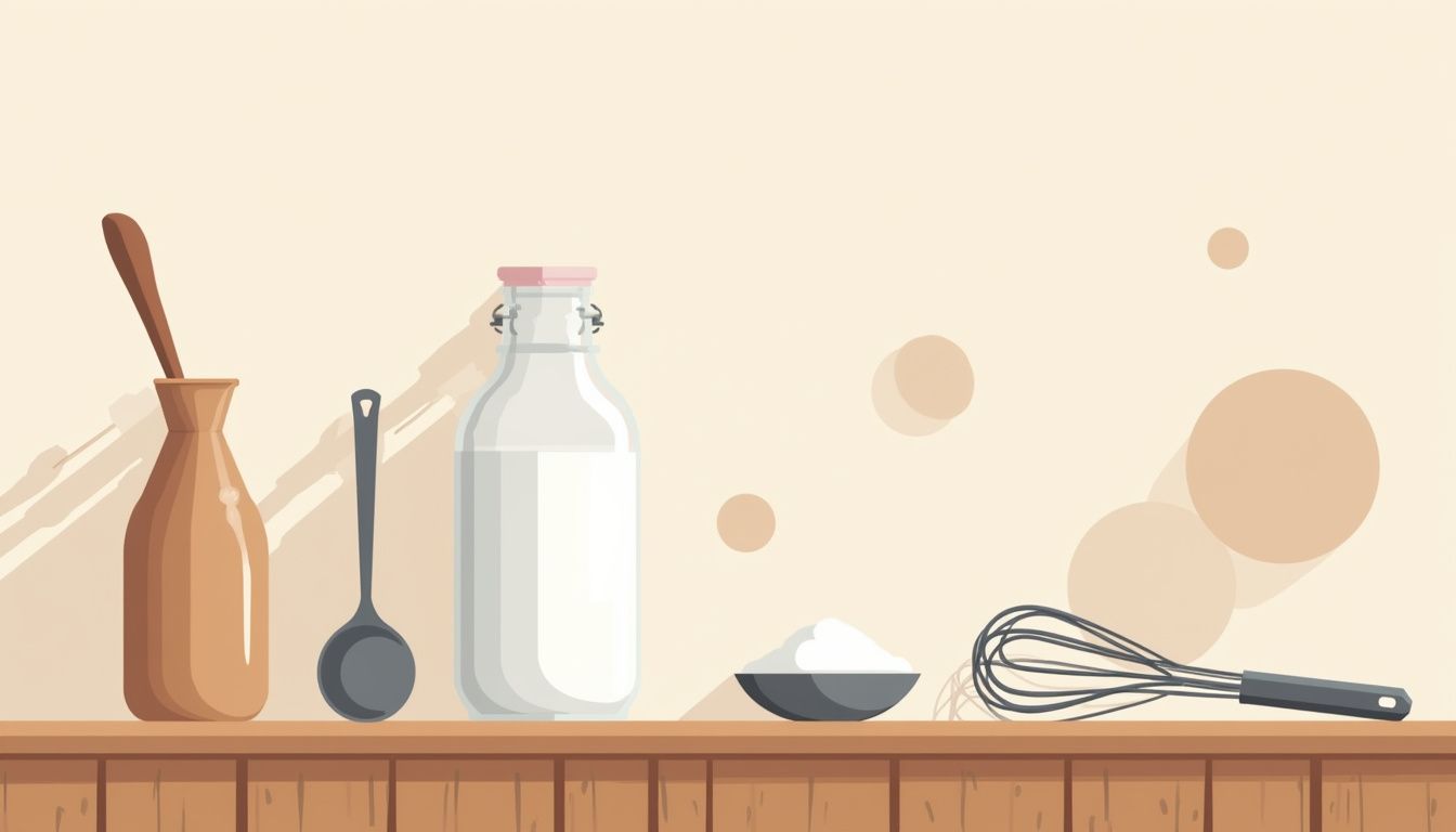 Minimalistische keukenillustratie met melk, suiker en keukengerei. Minimalistische keukenillustratie met melk, suiker en keukengerei.