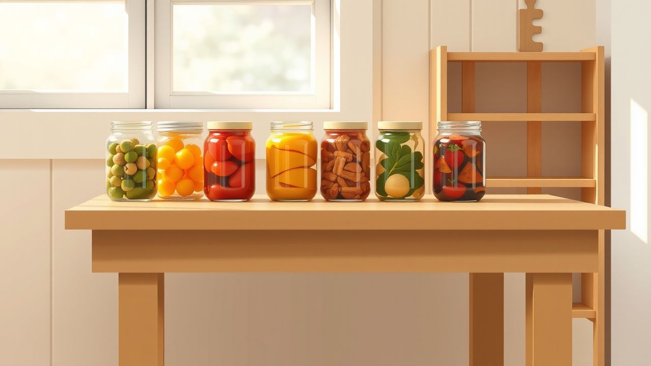 Een houten keukentafel met glazen potten met geconserveerd voedsel. Een houten keukentafel met glazen potten met geconserveerd voedsel.