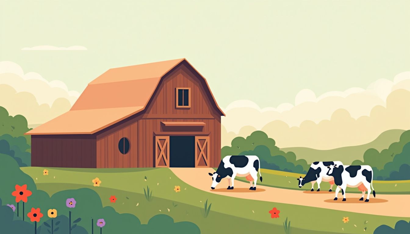 Een minimalistische illustratie van een rustieke boerderij met koeien. Een minimalistische illustratie van een rustieke boerderij met koeien.