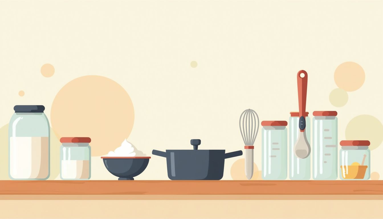 Minimalistische illustratie van yoghurtmaakgereedschap op een houten tafel.