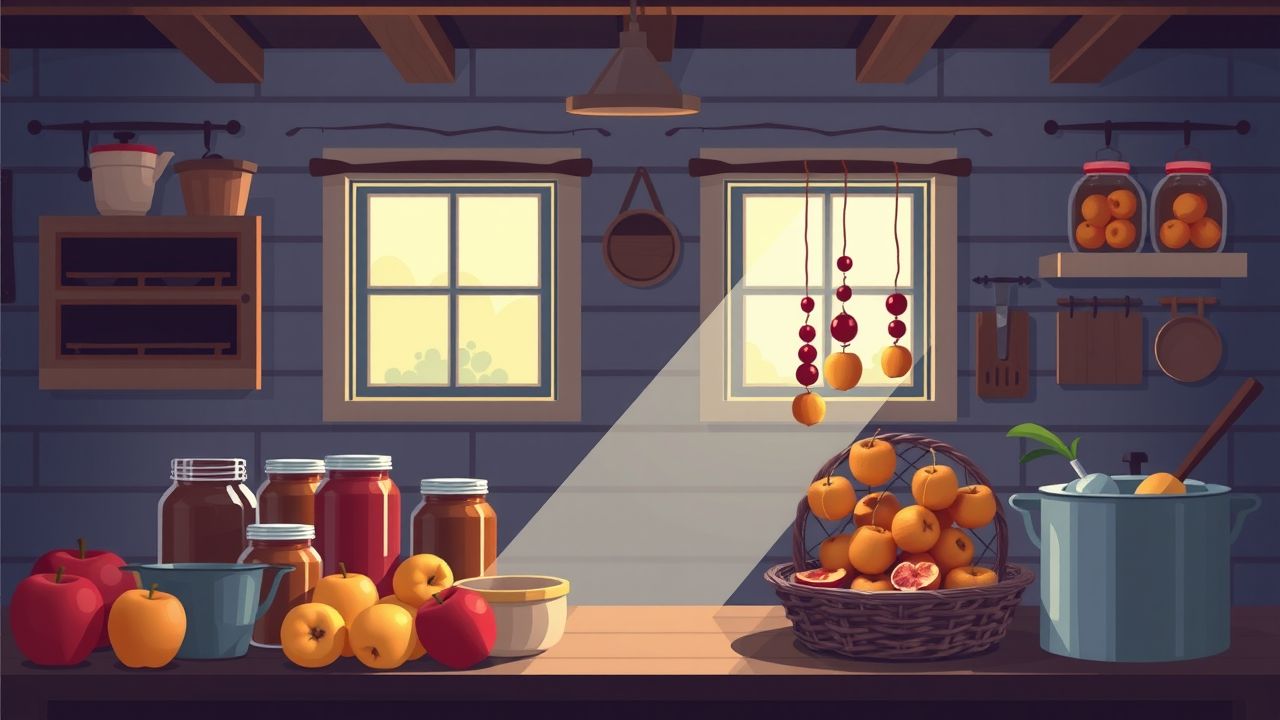 Een gezellige boerderijkeuken met ingemaakt appels in platte designstijl.