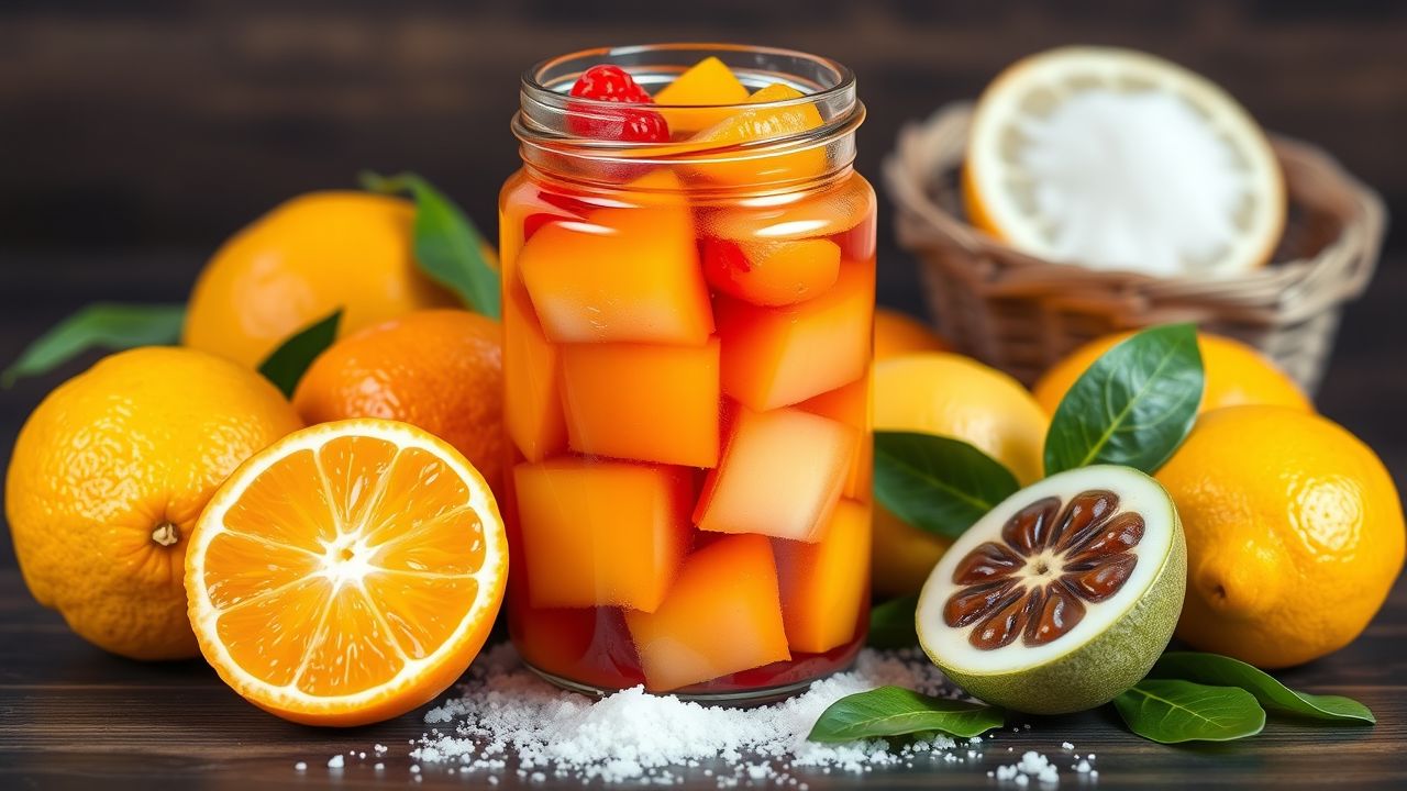 Een glazen pot gevuld met kleurrijke vruchtenjam en citrusvruchten eromheen.