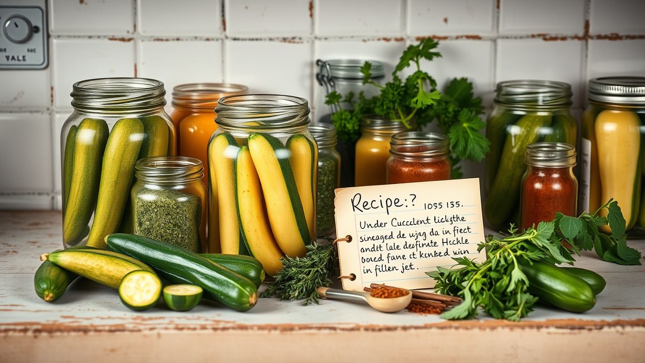 Een verweerd aanrecht met ingemaakte courgettes, kruiden en een oud receptenkaartje.