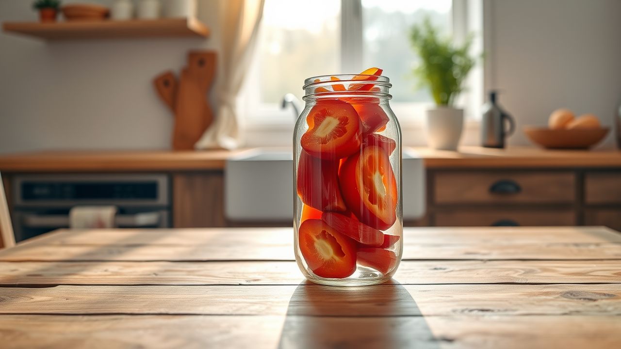 Een glazen pot met verse rode paprika's op een houten tafel.