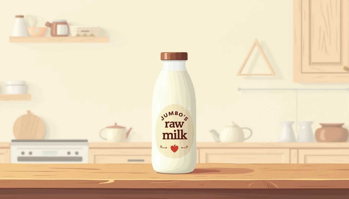 Eenvoudige vectorillustratie van een melkfles op een rustieke tafel.