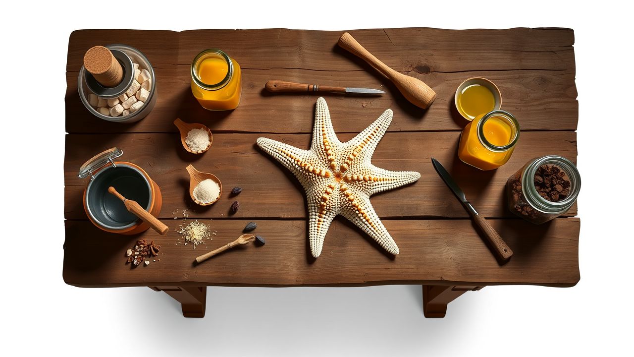 Een stervormige zeester wordt geconserveerd op een rustieke houten tafel.