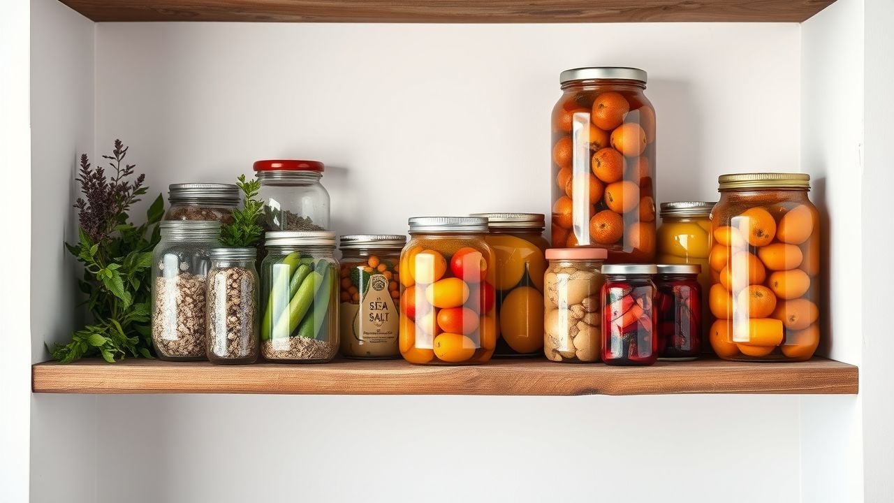 Een plank in de keuken gevuld met glazen potten met ingemaakte groenten en gedroogde kruiden.